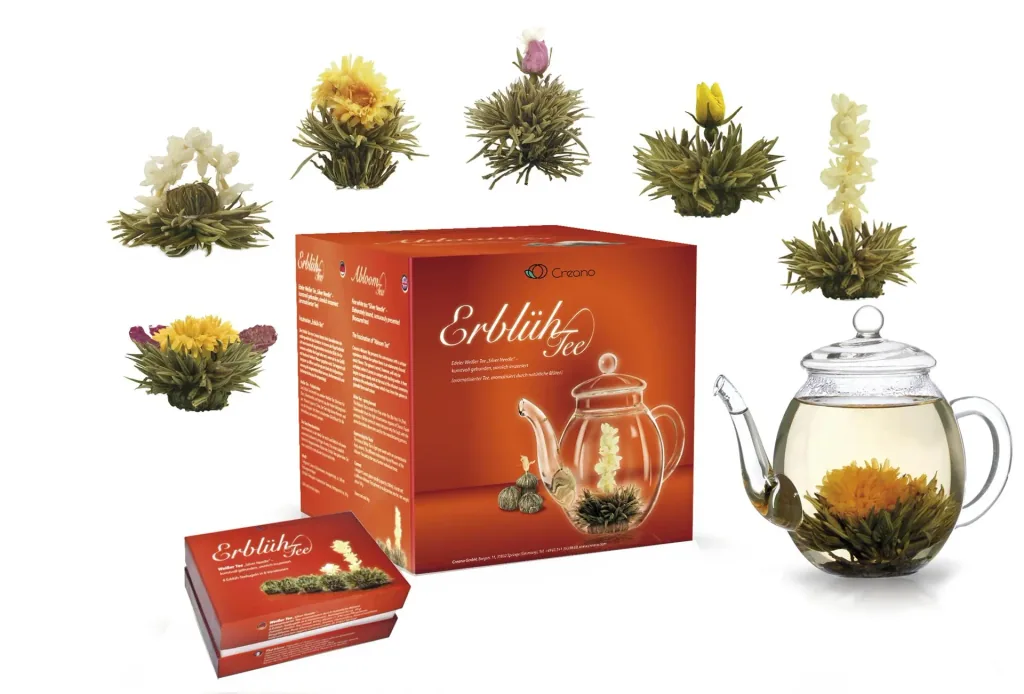 Teeblumen-Geschenkset "ErblühTee" mit Glaskanne, 6 verschiedene Sorten