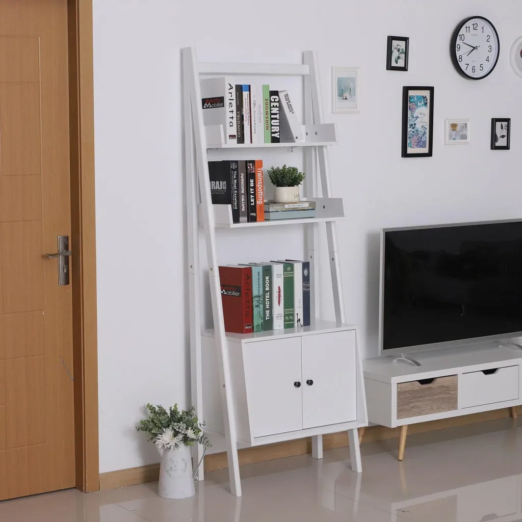Standregal Stufenregal Bücherregal Leiterregal mit Schrank 3 x Fach 1 x Schrank Holz Weiß 65 x 40 x 180 cm