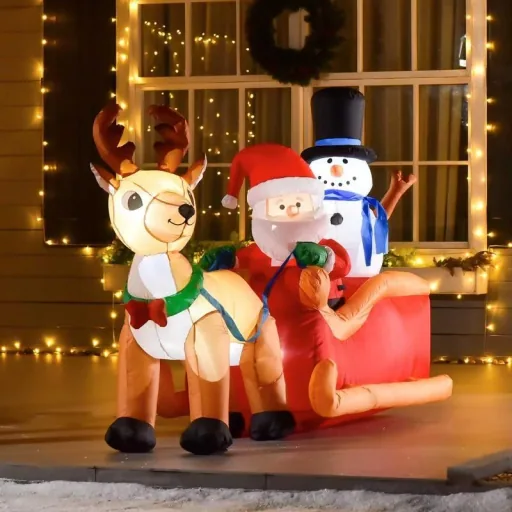 Aufblasbarer Weihnachtsmann auf Schlitten mit Schneemann Weihnachtsdekoration LED wetterfest Polyester 200 x 80 x 128 cm