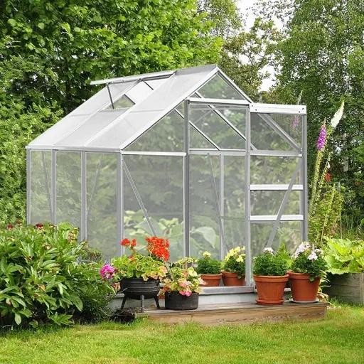Aluminium-Gewächshaus 5,85m³ mit Fenstern und Regenrinne M4