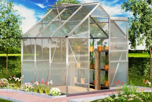 Aluminium-Gewächshaus 5,85m³ mit Fenstern und Regenrinne M4