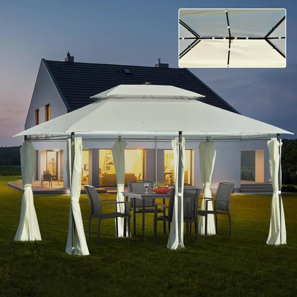 Gartenpavillon 4 x 3m Pavillon Gartenzelt Festzelt Partyzelt mit LED Licht Stahl Polyester Cremeweiß