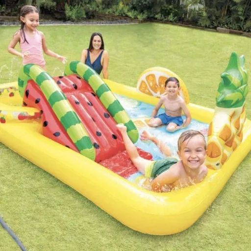 Aufblasbares Kinderbecken mit Rutsche Obst 244 x 191 x 91 cm INKL. Free And Easy Schwimmbadfliesen Schaumstoff Blau 9