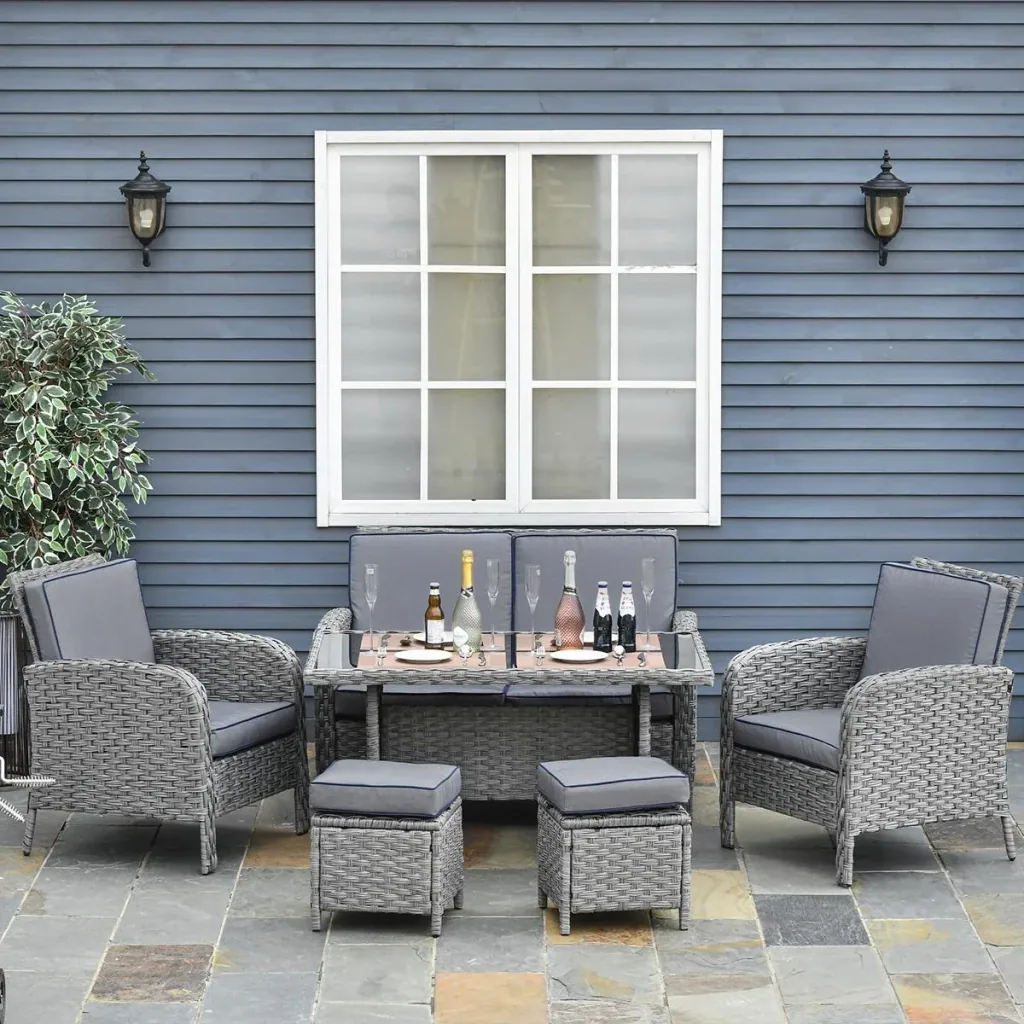 6-tlg. Luxus Polyrattan Garten Essgruppe Gartengarnitur Gartenmöbel Garten-Set Sitzgruppe Loungemöbel inkl. Esstisch und