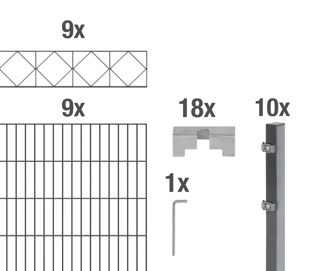 Doppelstabmattenzaun Sets anthrazit mit Dekorelement "Bergen"", Länge: 18 m, Höhe: 140 cm