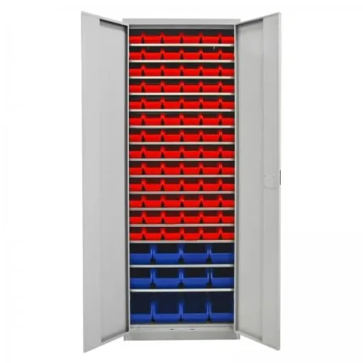 Regalschrank mit Tür, 15 Fachböden, 90 Lagersichtkästen Gr.3 / Gr. 2L