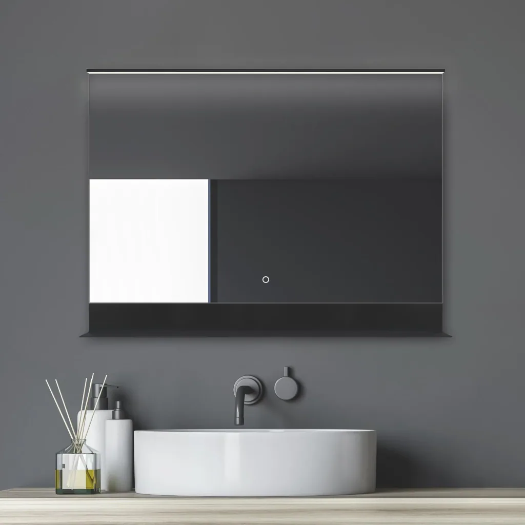 Badezimmerspiegel mit Beleuchtung, "Black Home" - 80 x 60 cm - Lichtfarbe neutralweiß - mit praktischer Ablage