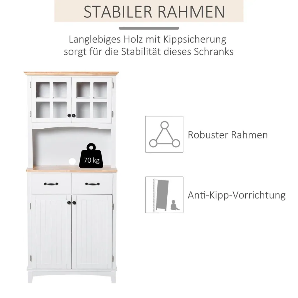 Küchenschrank mit 2 Schubladen, Hochschrank mit verstellbaren Ablagen, Kommode, MDF, Gummiholz, 74 x 40 x 172 cm