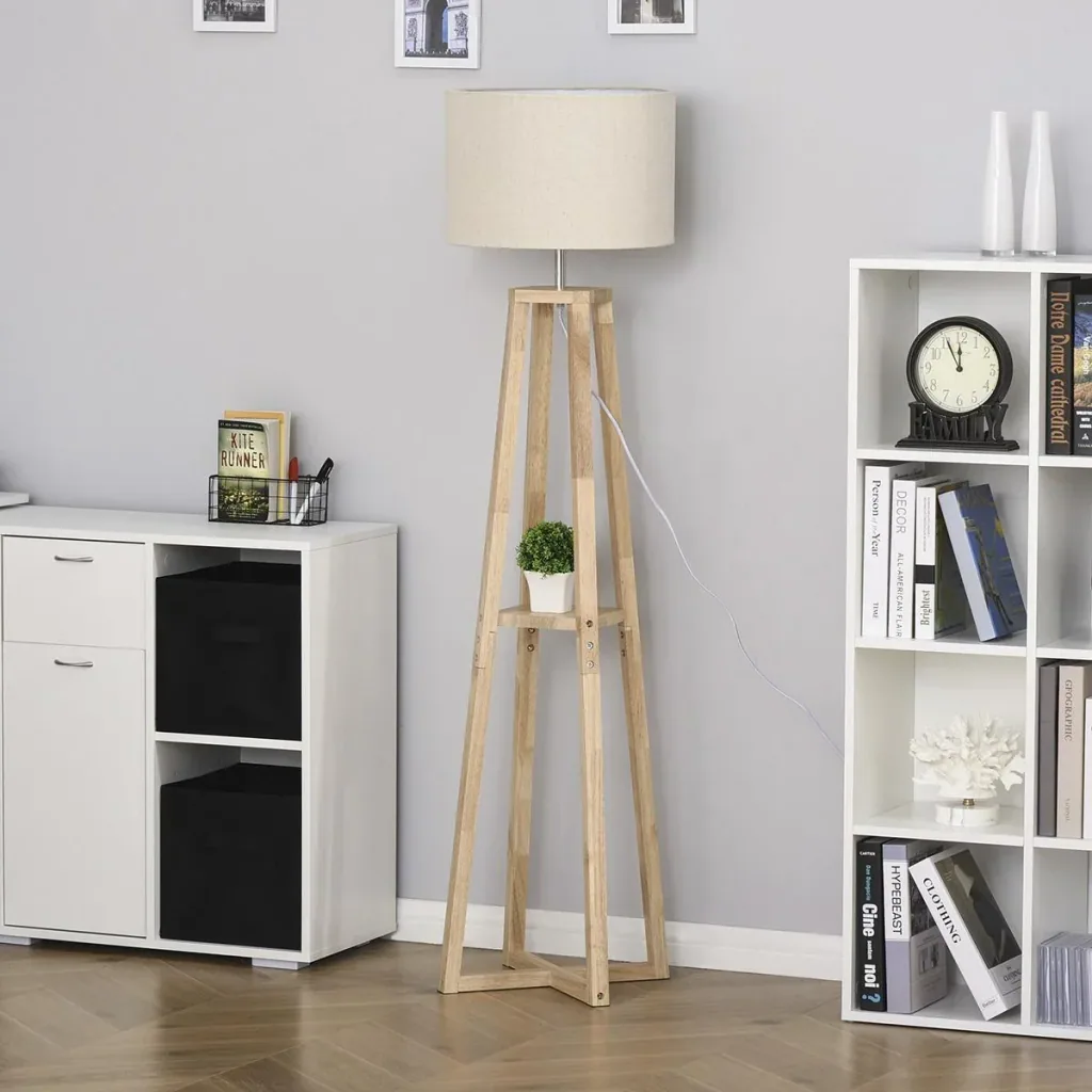 Stehlampe Stehleuchte mit Regal Pedal-Schalter modern und prägnant für Wohnzimmer Schlafzimmer Büro Metall Leinen Gummih