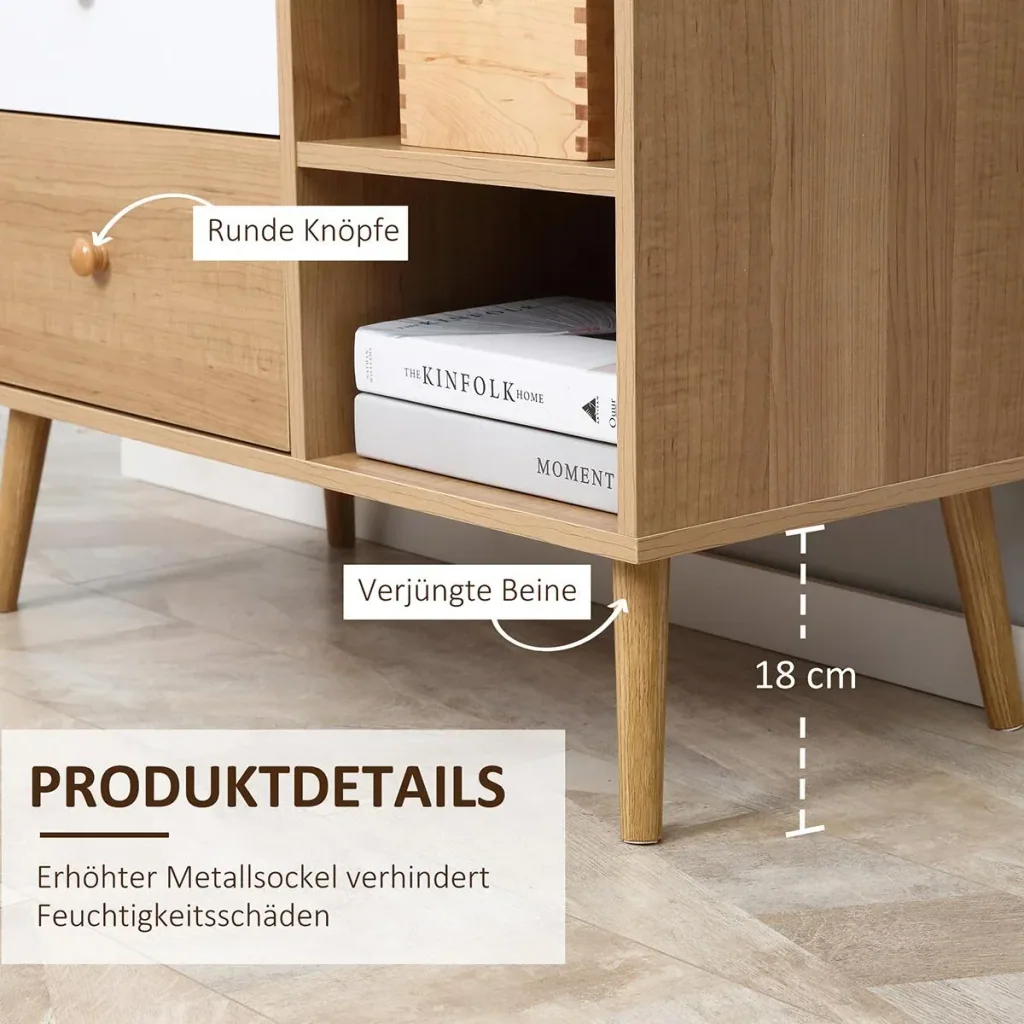 Sideboard Küchenschrank Kommode mit 2 offenen Fächern 4 Schubladen Skandi-Design Natur+Weiß 80 x 39 x 80 cm
