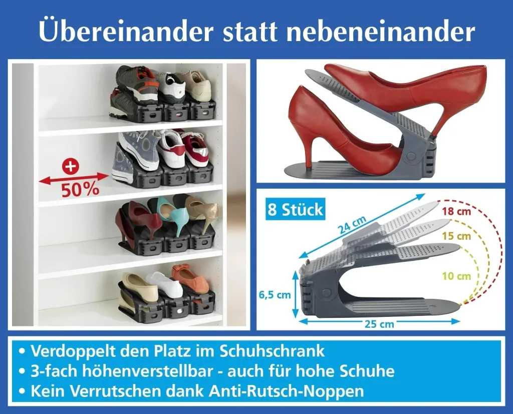 Schuhhalter, Schuhstapler,Schuhorganizer höhenverstellbar, Grau, 8er