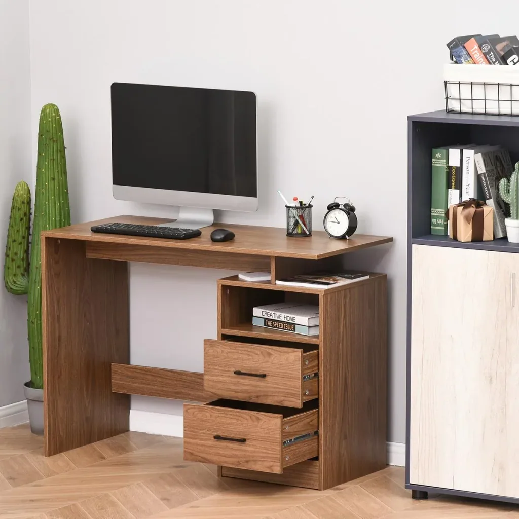 Schreibtisch Computertisch mit offenen Ablagen 2 Schubladen Arbeitstisch kompakter Bürotisch Spanplatte Natur 107 x 48 x