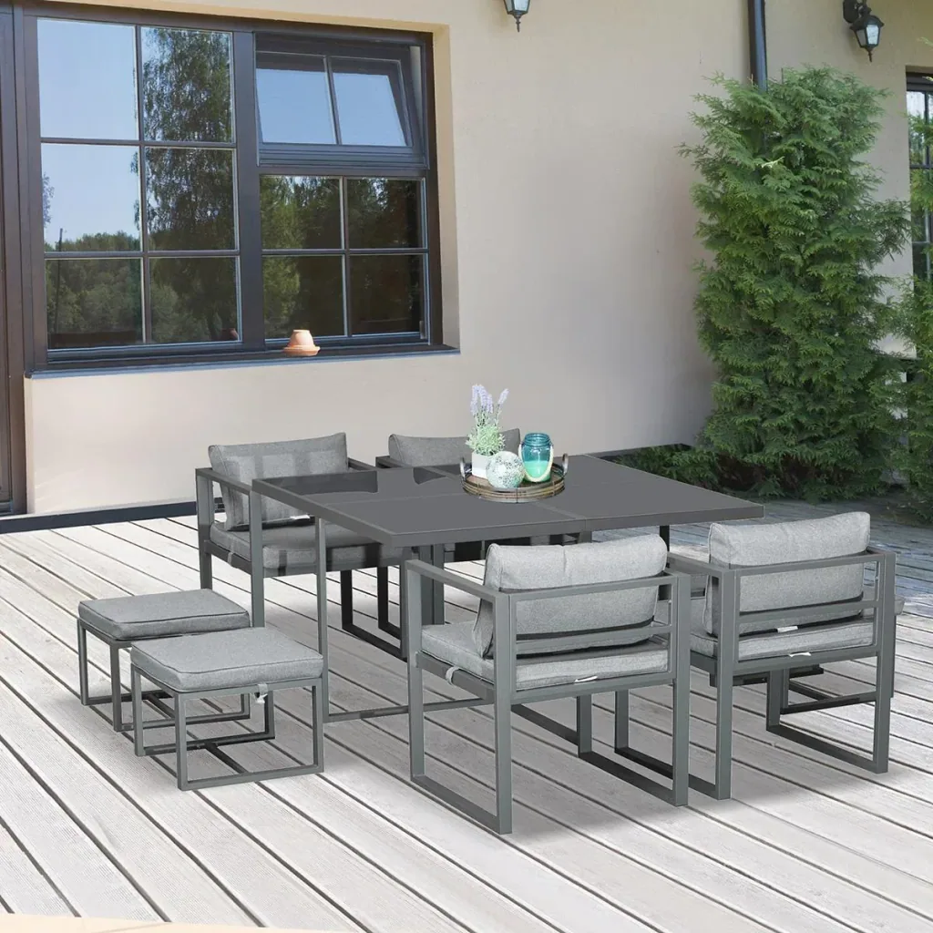 Sitzgruppe Gartentischset Gartenmöbel Metall 9 teilig 4 Stühle 4 Hocker Tisch Esstisch Polyester Glas Grau