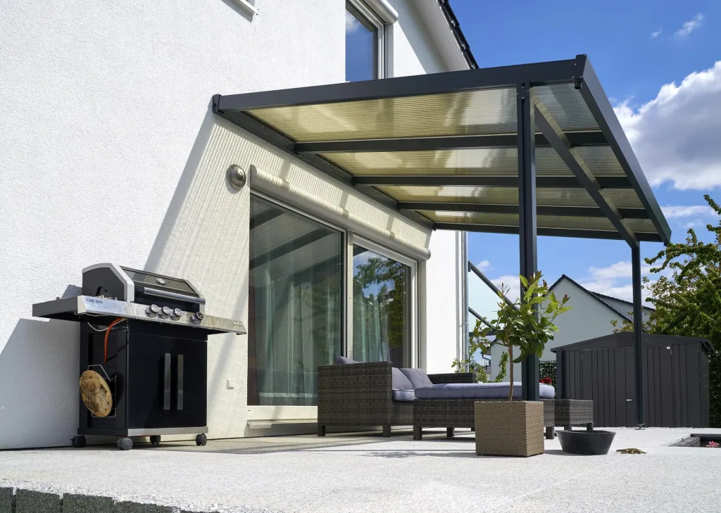 Terrassendach Premium, anthrazit, 4102 x 3060 mm - Acryl Stegplatten 16mm, bronze