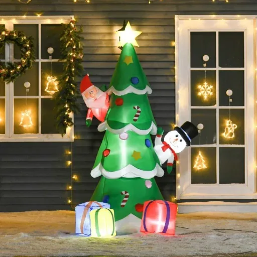 Aufblasbarer Weihnachtsbaum mit Weihnachtsmann Schneemann und Geschenkbox 210 cm