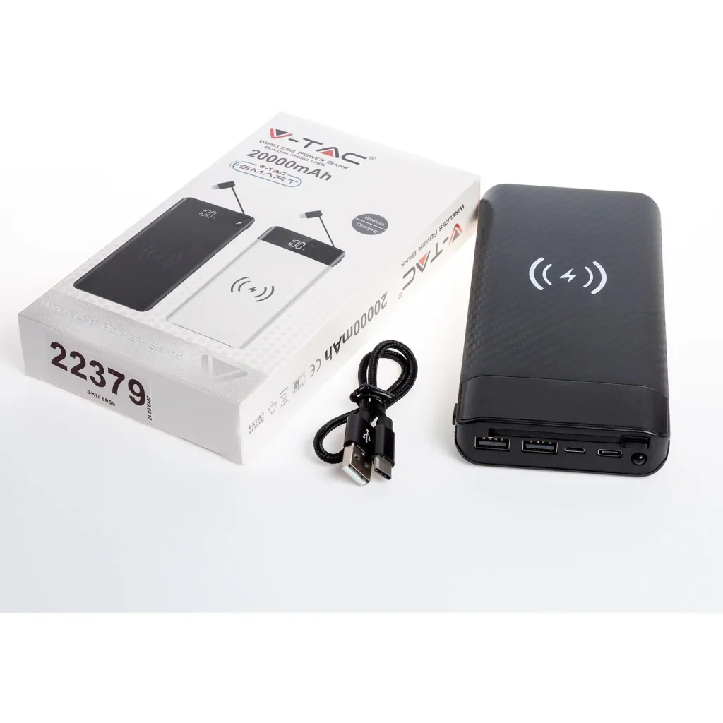 VT-3508 Netzteil mit drahtloser QI-Ladefunktion - 20.000mah - einschließlich Mikro-USB-Kabel - schwarz