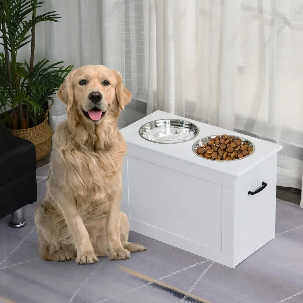 Hunde Fressnapf mit Staumraum 2 Näpfen Futterstation Edelstahlnapf Katzenapf MDF Edelstahl Weiß 60 x 30 x 41 cm