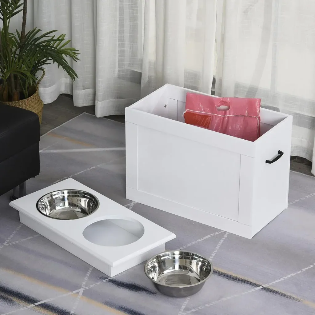 Hunde Fressnapf mit Staumraum 2 Näpfen Futterstation Edelstahlnapf Katzenapf MDF Edelstahl Weiß 60 x 30 x 41 cm