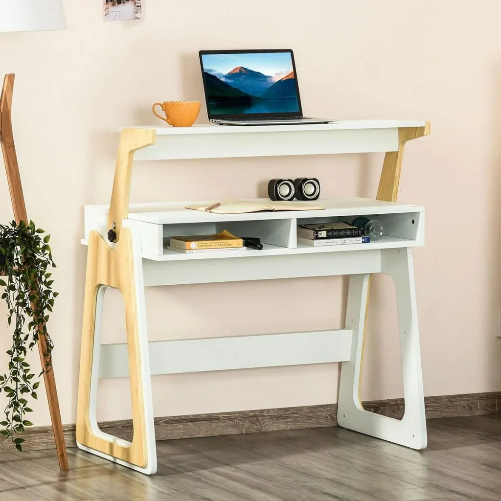 Schreibtisch Stehpult und Sitzpult mit verstellbarem Regal Bürotisch mit 2 Fächer Home-Office helles Kiefer beige Weiß 9