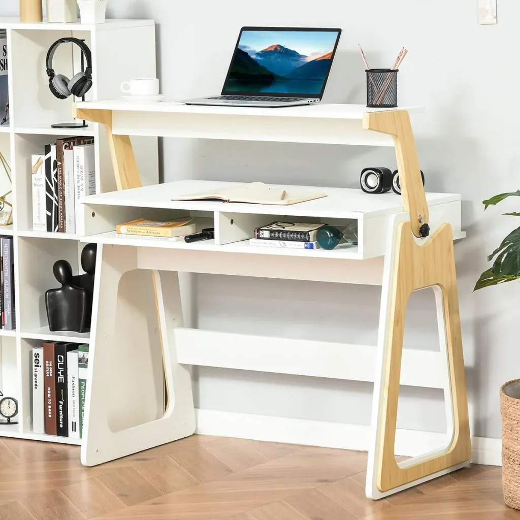 Schreibtisch Stehpult und Sitzpult mit verstellbarem Regal Bürotisch mit 2 Fächer Home-Office helles Kiefer beige Weiß 9