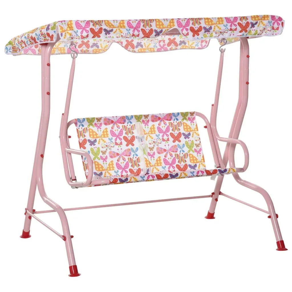 Kinder Hollywoodschaukel Kinderschaukel mit Sonnendach 2-Sitzer Gartenschaukel für 3-6 Jahre Metall Rosa 110L x 70B x 11
