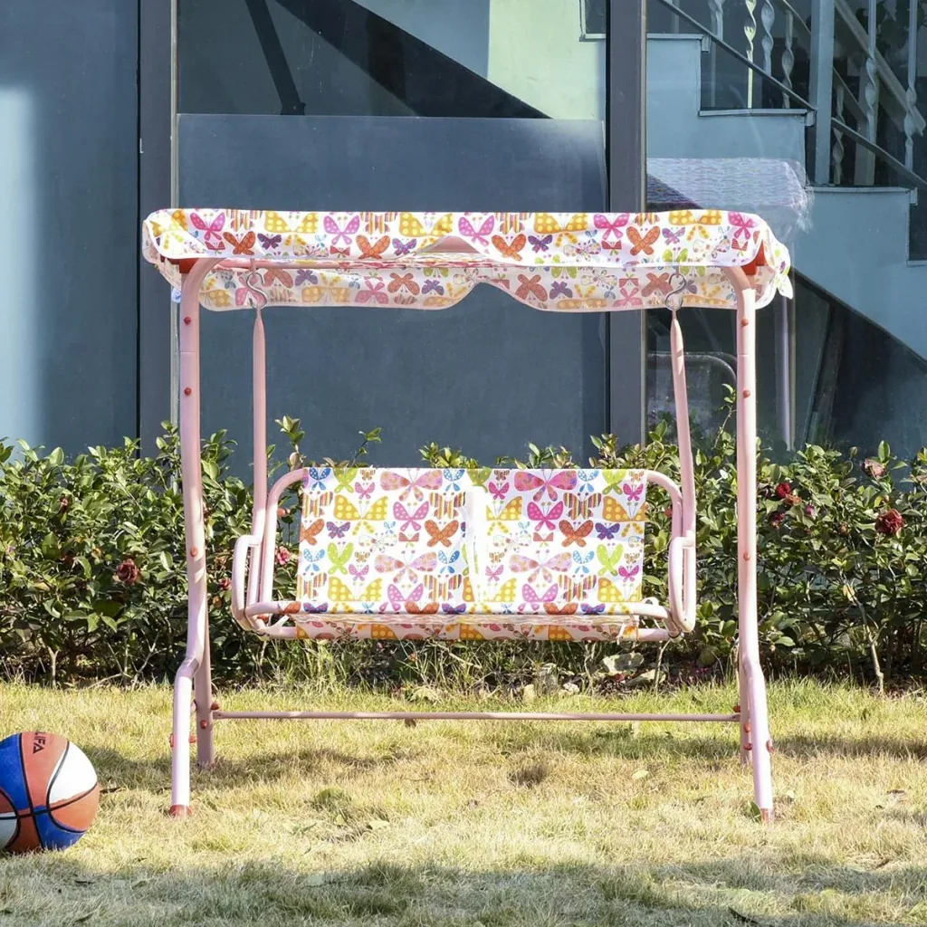 Kinder Hollywoodschaukel Kinderschaukel mit Sonnendach 2-Sitzer Gartenschaukel für 3-6 Jahre Metall Rosa 110L x 70B x 11