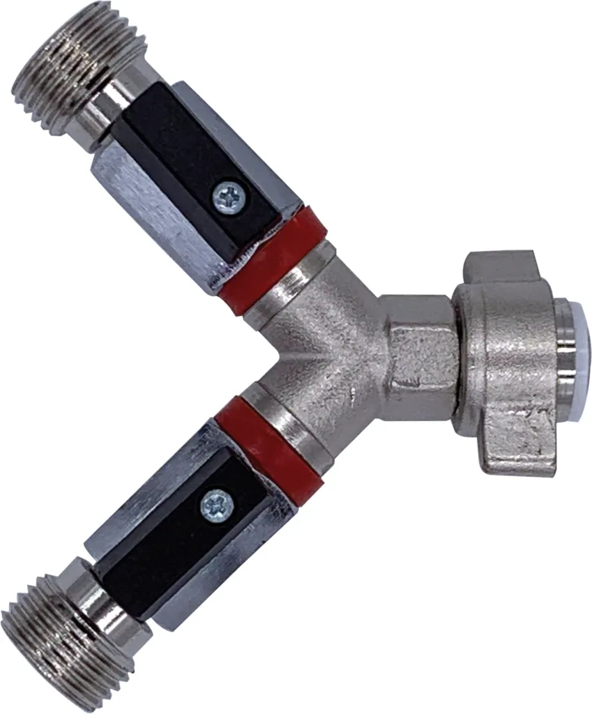 Absperrhahn, Absperrventil 2-leitig, für Druckminderer, Gewindegrößen: 1 x 3/4“ IG und 2 x 3/4“ AG