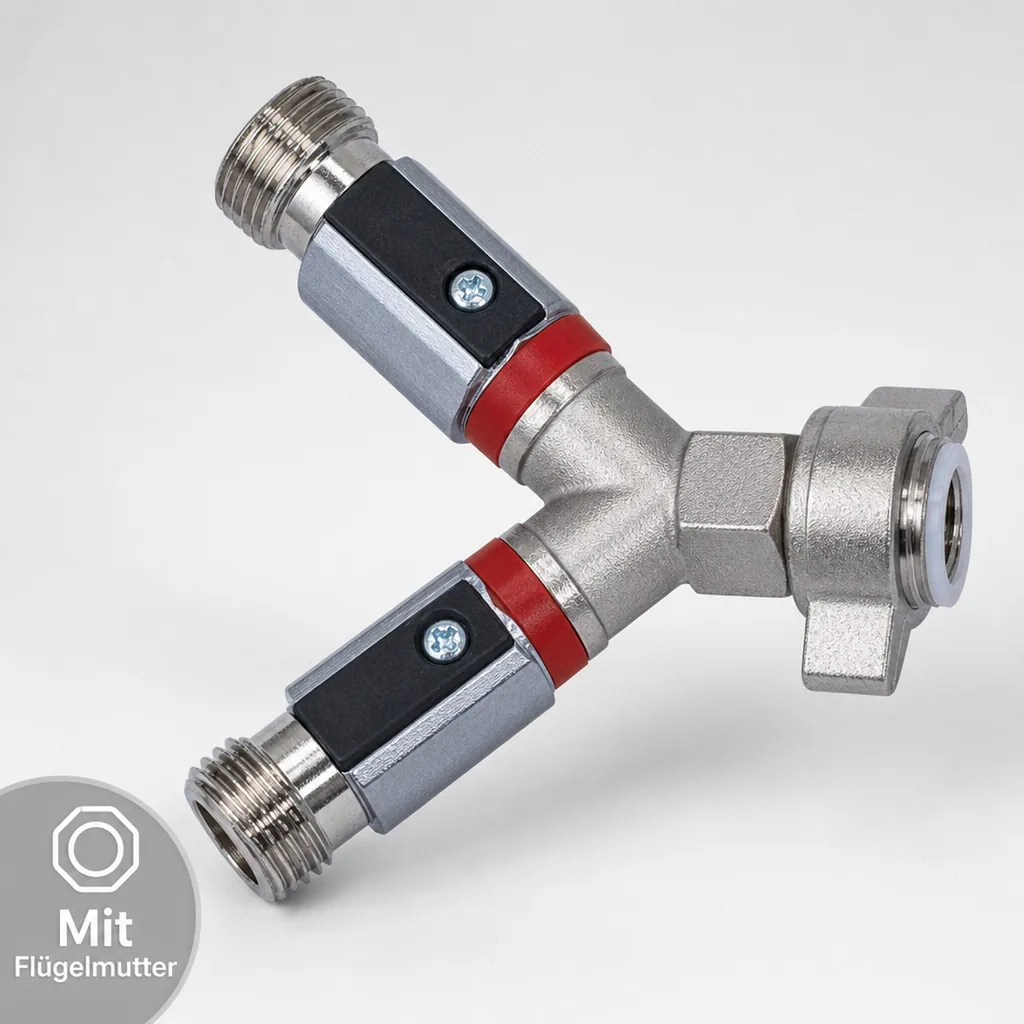 Absperrhahn, Absperrventil 2-leitig, für Druckminderer, Gewindegrößen: 1 x 3/4“ IG und 2 x 3/4“ AG