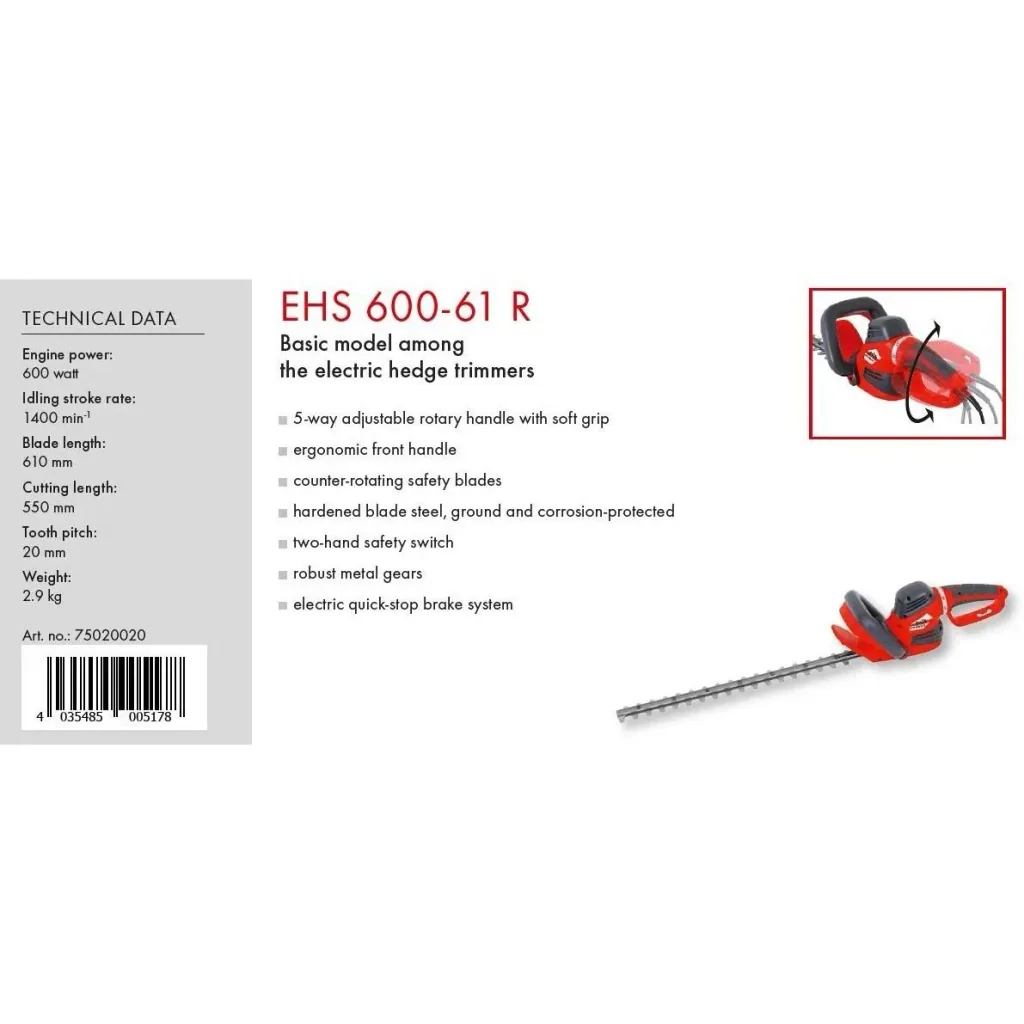 Elektrische Heckenschere EHS 600-61R - 600W - 61 cm