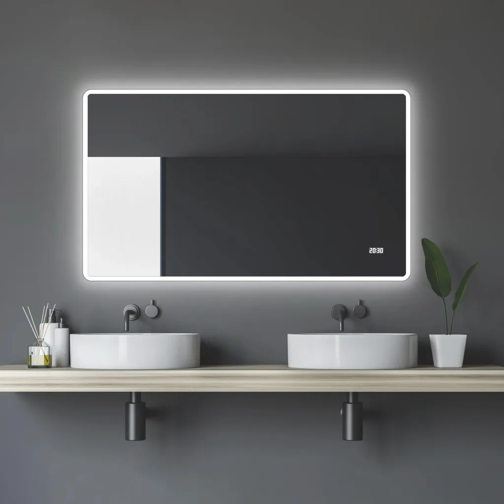Badezimmerspiegel mit Beleuchtung, "Sun" - 120 x 70 cm - Lichtumrahmung - Lichtfarbe neutralweiß - Digitaluhr