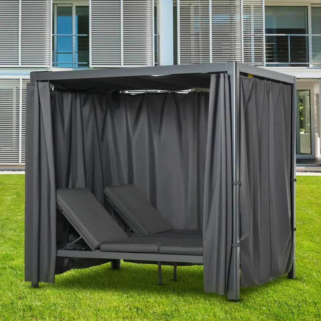 Sonnenliege für 2 Personen Doppelliege mit Vorhängen Sonnendach Pavillon Gartenliege Sonnenbett vertsellbar Aluminium Po