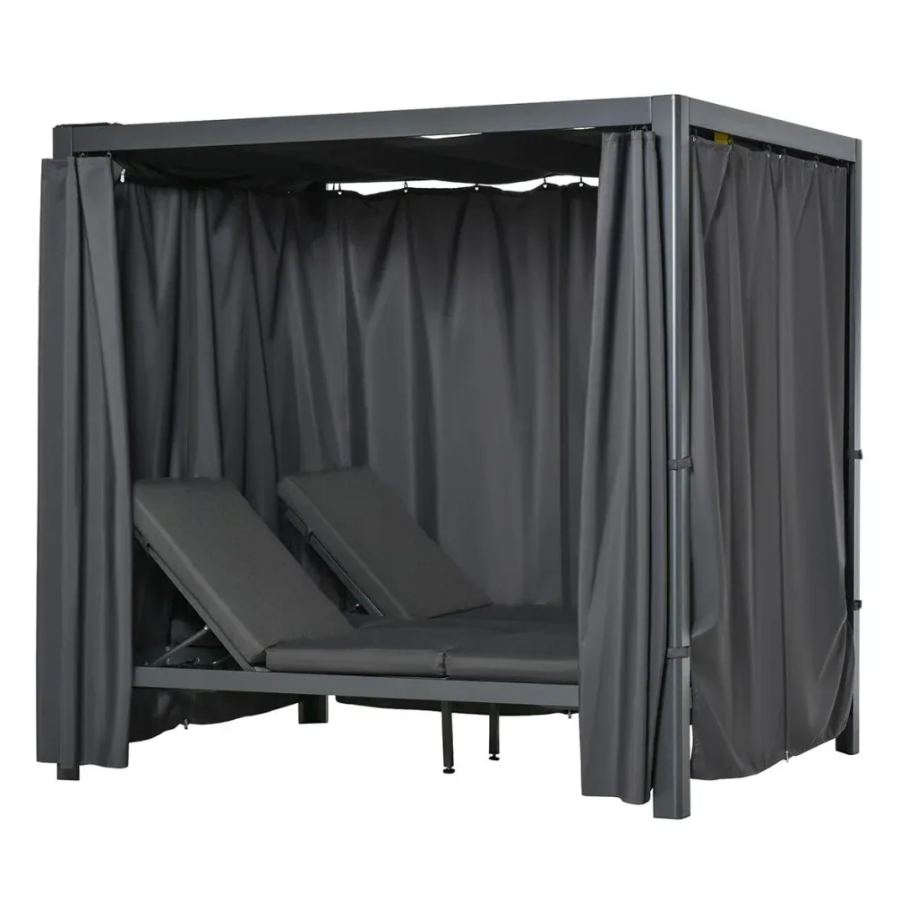 Sonnenliege für 2 Personen Doppelliege mit Vorhängen Sonnendach Pavillon Gartenliege Sonnenbett vertsellbar Aluminium Po
