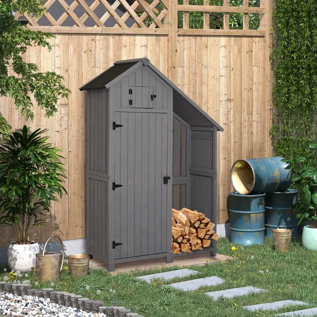 Gartenschrank Holz Geräteschuppen Gartenhaus Geräteschrank Holzhütte Giebeldach Grau+ Schwarz 129 x 51,5 x 180 cm