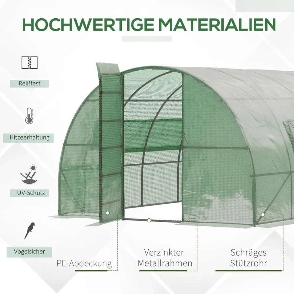 Foliengewächshaus 6 x 3 x 2 m Tunnel Gewächshaus Treibhaus Pflanzenhaus Folienzelt 2 Fenster Gitterfolie Grün