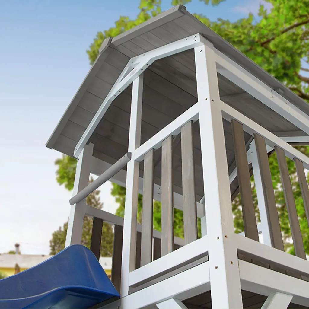 Beach Tower Spielturm mit Roxy Nestschaukel - Blaue Rutsche
