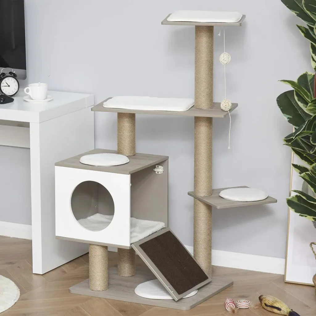 Kratzbaum Katzenbaum Kletterbaum für Katzen Mehrstufiges Multiaktivitätszentrum mit Katzenhöhle Rampe Weichkissen E1 MDF