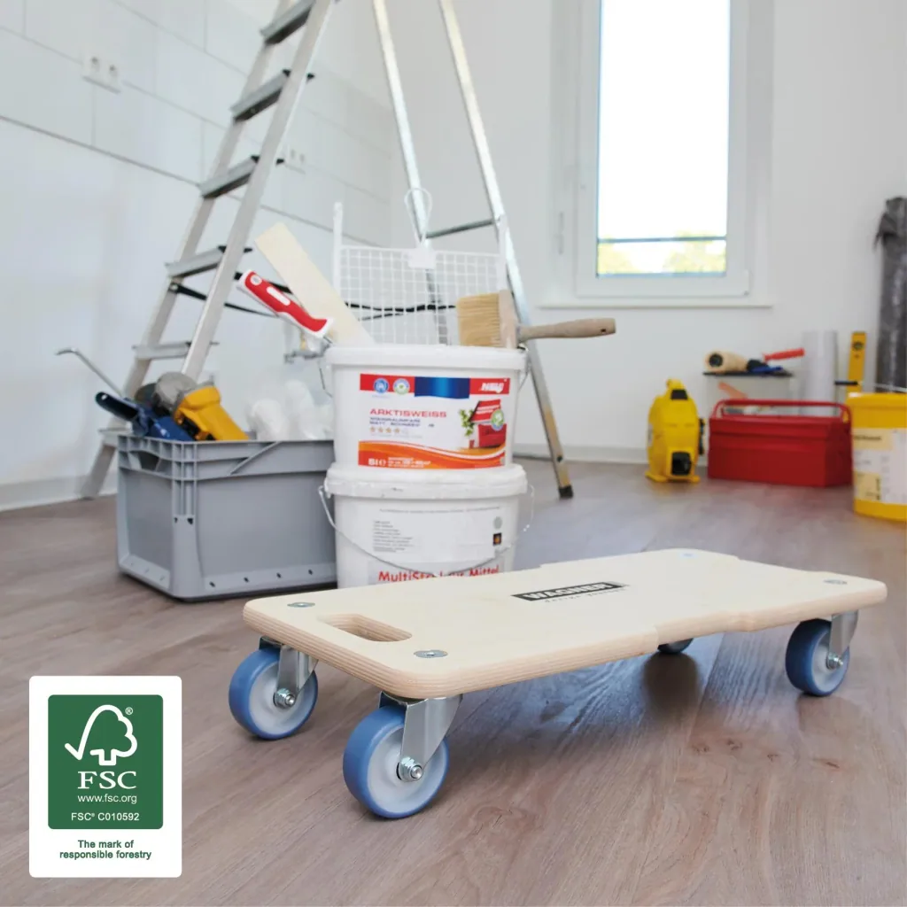 Transporthilfe MM 1325, 59 x 29 x 11 cm, softe Rollen Ø 75 mm, Rollenlager, Multiplex Birke FSC®, Tragkraft 300 kg