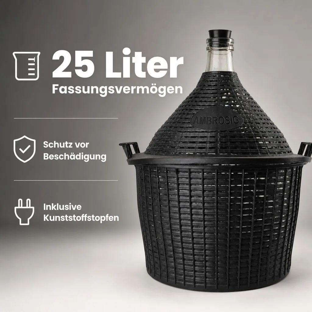 Weinballon, Glasballon, Dame Jeanne im Weidenkorb - 25L, normale Öffnung + Kunststoffstopfen