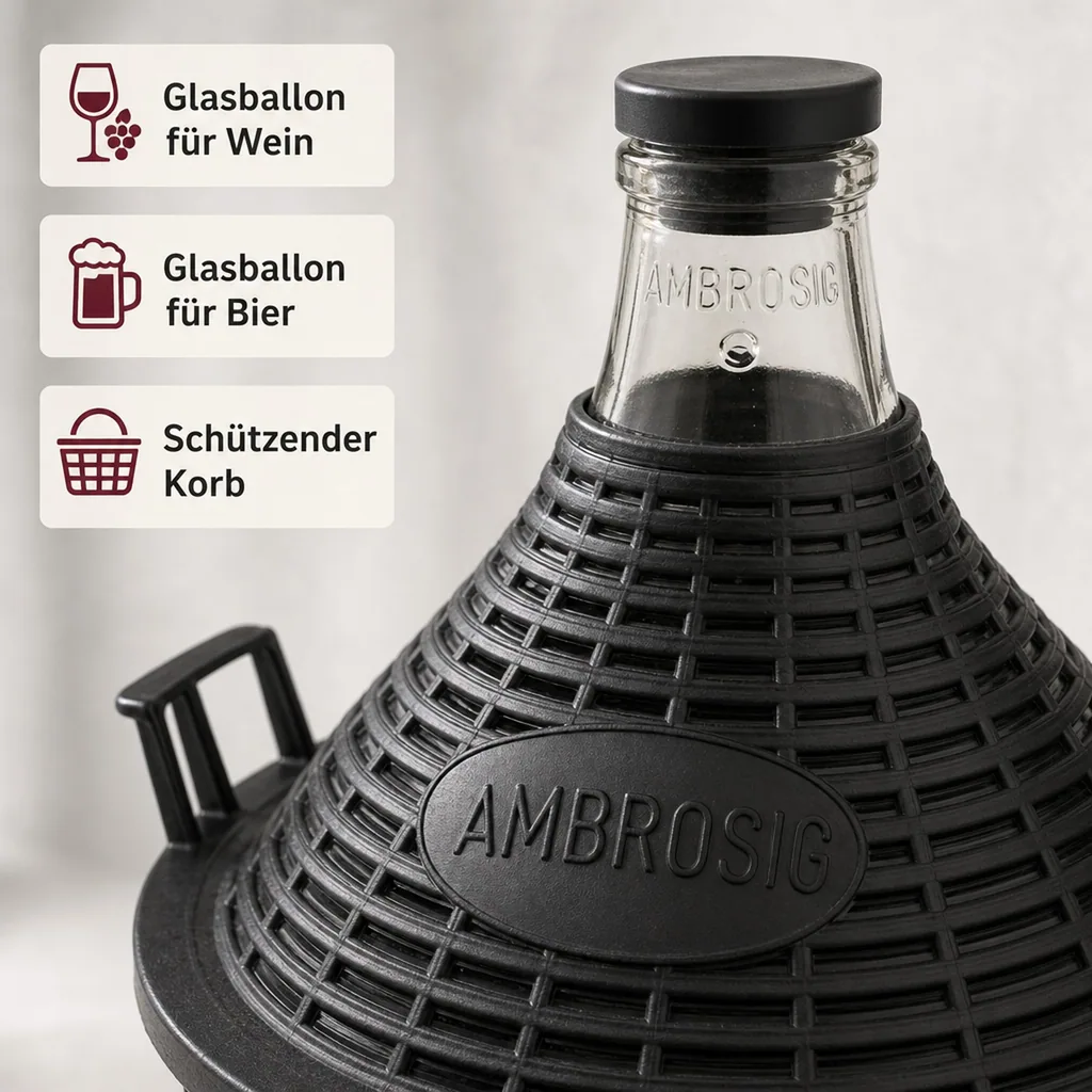 Weinballon, Glasballon, Dame Jeanne im Weidenkorb - 25L, normale Öffnung + Kunststoffstopfen