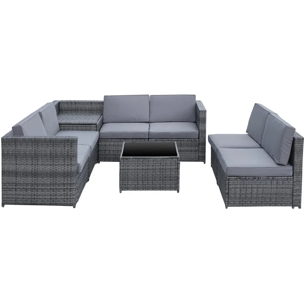 8-tlg, Polyrattan Gartengarnitur Gartenmöbel Garten-Set Sitzgruppe Loungemöbel Beistelltisch als Aufbewahrungskorb Grau