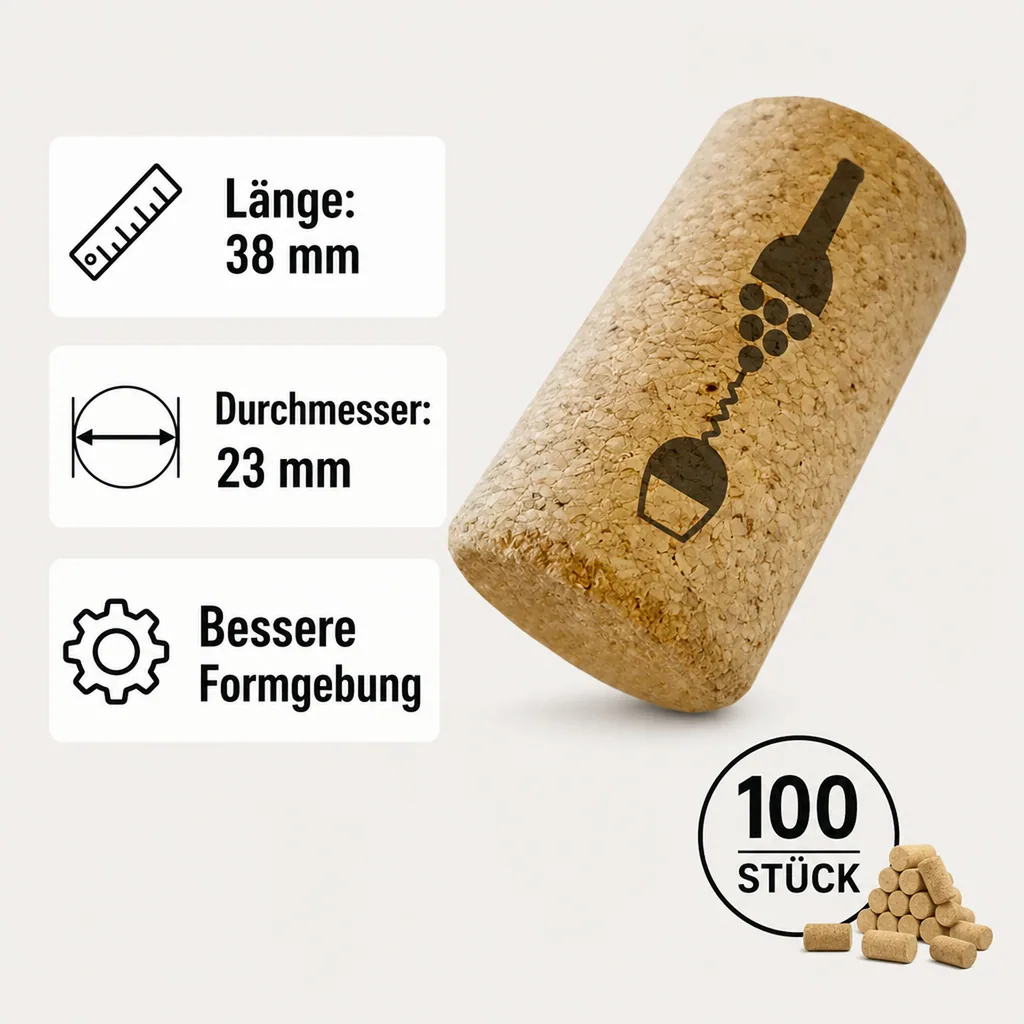 Weinkorken, Naturkorken für weinflaschen - 38 mm, Mikrogranulat - 100 St