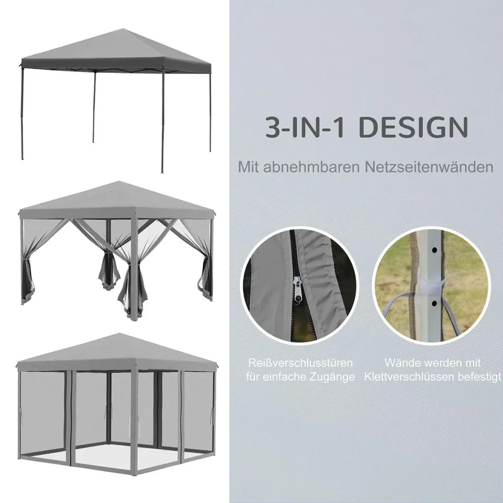 Faltpavillon Pavillon Faltzelt mit Seitenwänden inkl. Tragetasche Metall+Oxford Hellgrau+Schwarz 3x3m