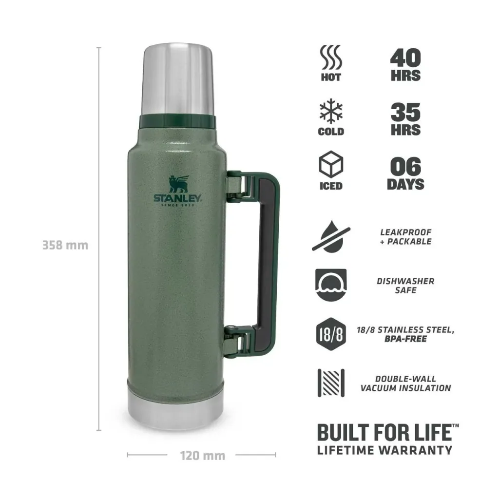 Classic Vakuum Flasche 1,4 Liter mit Griff, Trinkbecher, Hammertone grün