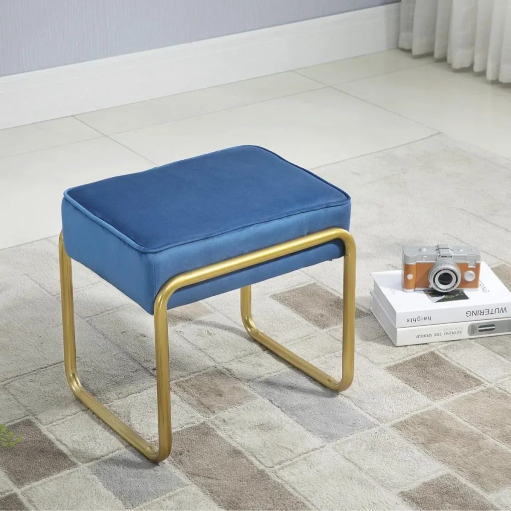 Fußhocker Polsterhocker mit Goldsockel für Wohnzimmer Schlafzimmer Fußauflage Samt-Touch modern Schaumstoff Stahl Blau+G