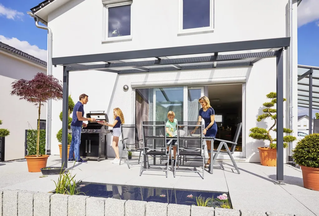 Terrassendach Premium, anthrazit, 4102 x 3060 mm - Polycarbonat Stegplatten 16 mm, weiß gestreift