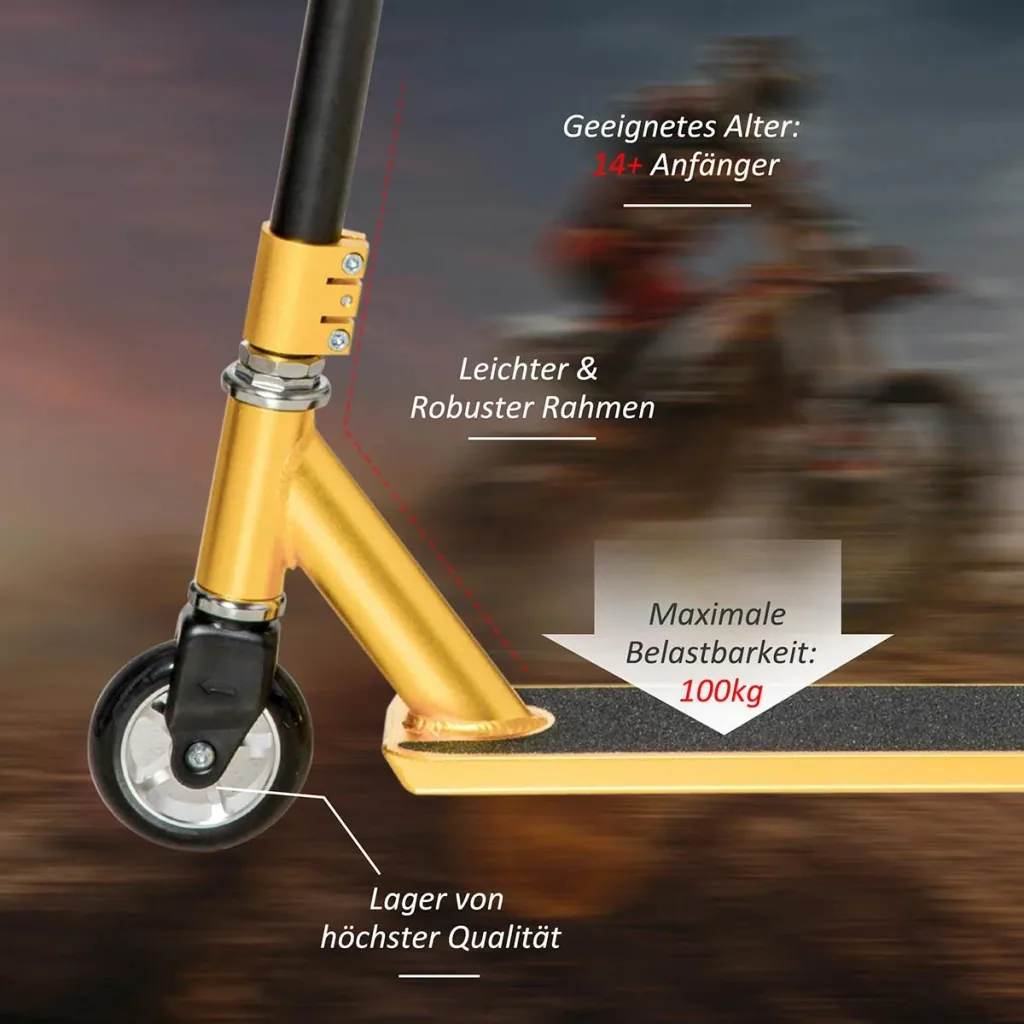 Stunt Scooter für Kinder 360° Lenkung über 14 Jahre alt Kick Scooter Fun Scooter mit Deck Gummigriffe Hinterradbremse AB