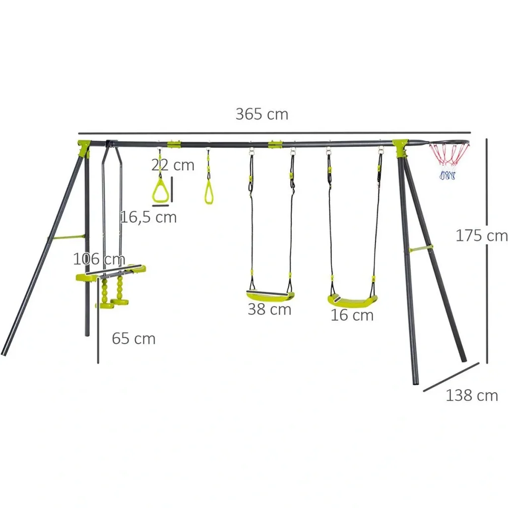 Schaukelgestell für Kinder 3-10 Jahre, grün+schwarz, 365 x 138 x 175 cm