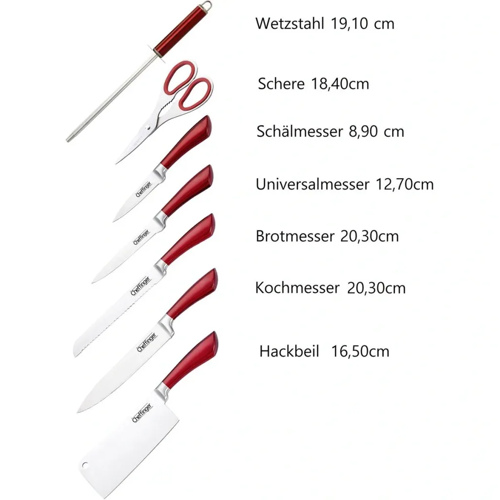 Cheffinger 8-teiliges Messerset mit Ständer - Silber/Rot