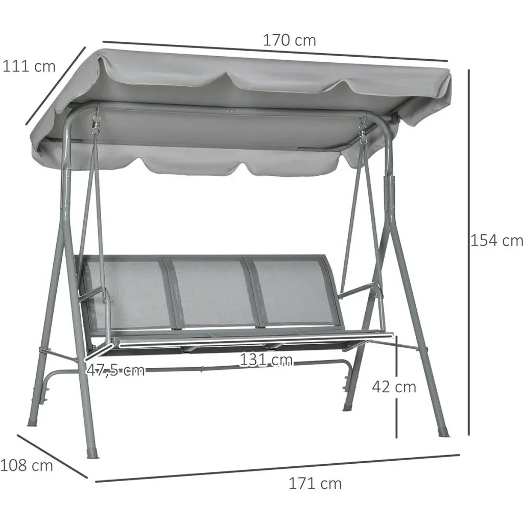 Hollywoodschaukel 3-Sitzer mit Dach Metall Grau+Silber 170 x 110 x 153 cm