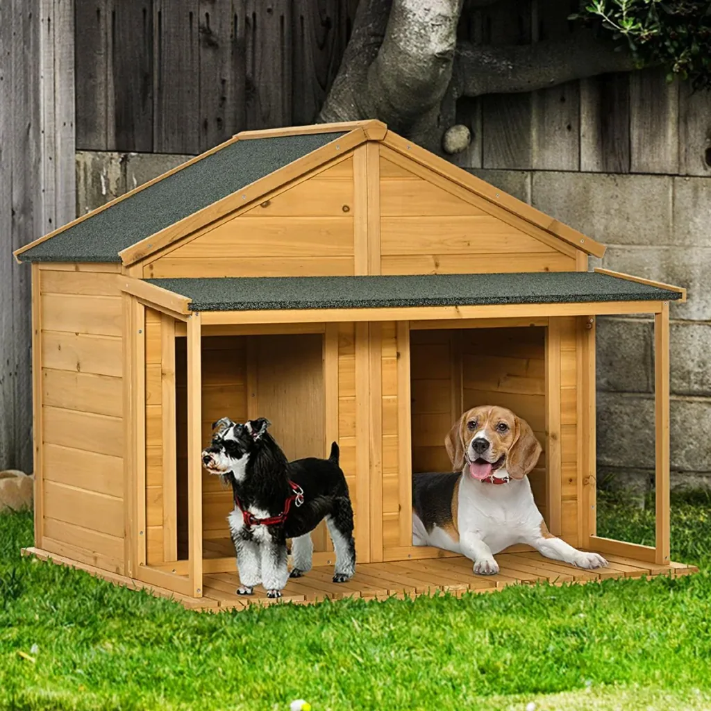 Hundehütte aus Massivholz isoliertes Hundehaus mit 2 Räume Asphaltdach Outdoor Hütte mit Terrasse Gelb+Grün 127 x 110 x